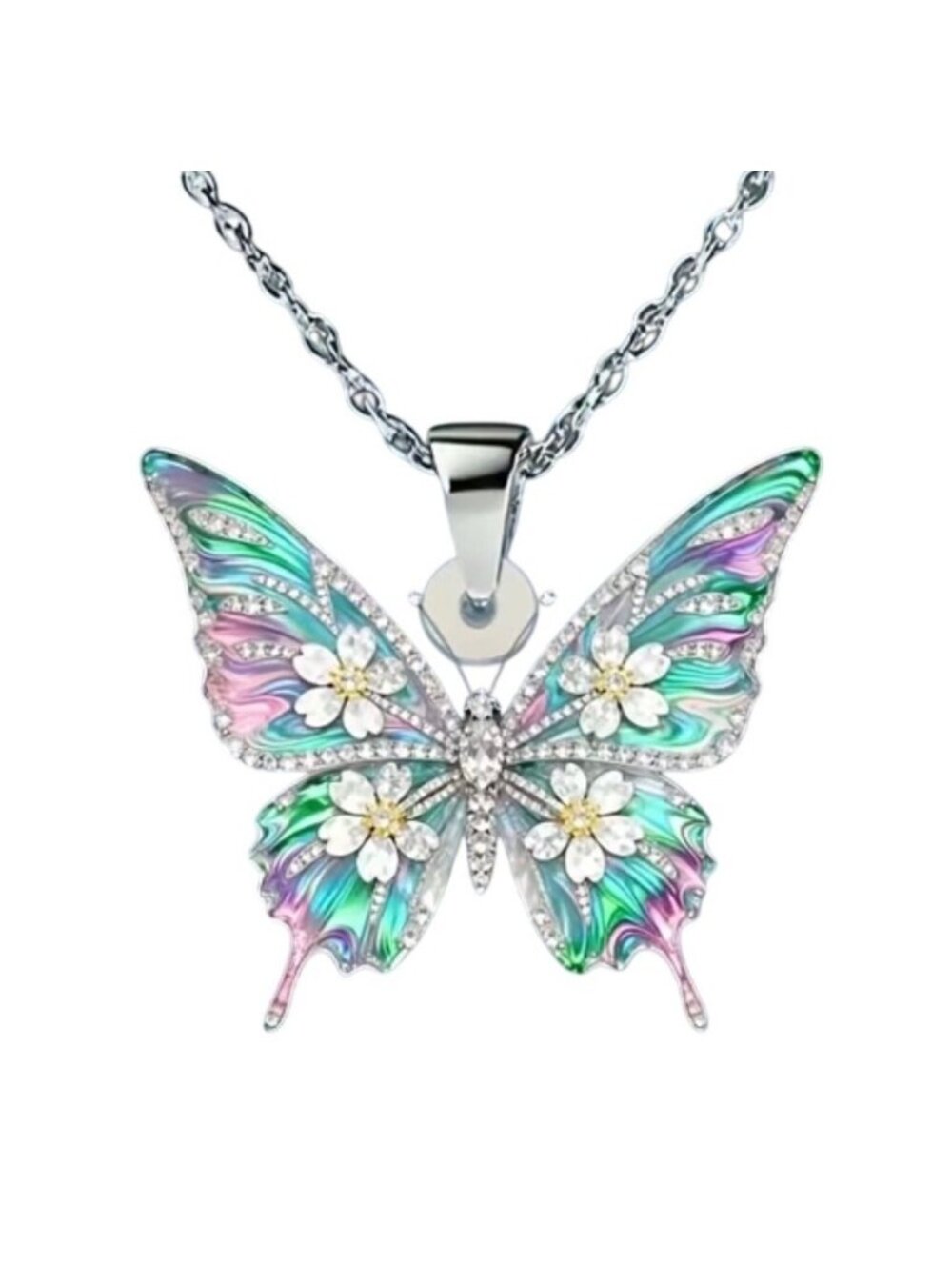 2D Acrylic Flat Butterfly Pendant Necklace  Rhinestone Accents Multicolor
